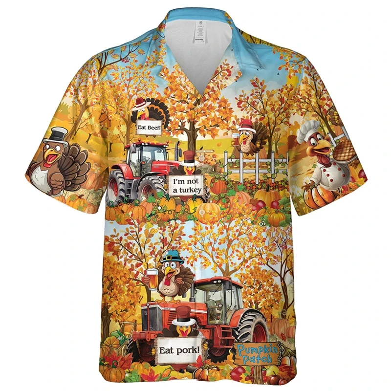 Happy Thanksgiving 3D Print Shirts For Men Casual Food Turkey Graphic Beach Shirt Funny Animal Chicken Short Sleeve Blouses Tops