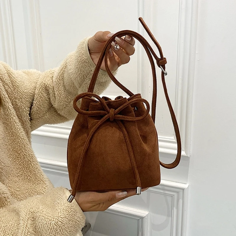 Vintage Pleated Drawstring Bucket Bag Women Solid Color Small Single Crossbody Shoulder Bag Lady Daily Casual All-match Handbag