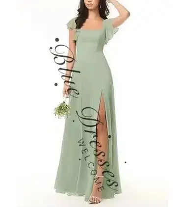 customized Long Chiffon Mint Green Bridesmaid Dresses with Slit A-Line Square Neck Maid of Honor robes de demoiselle d'honneur