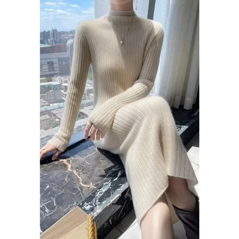 Sweater Dress Women Slim Fit Knit Long Sleeve Cashmere Long Skirt Dress Knitwear Women\'s Turtleneck Youth Female Clothing 2024