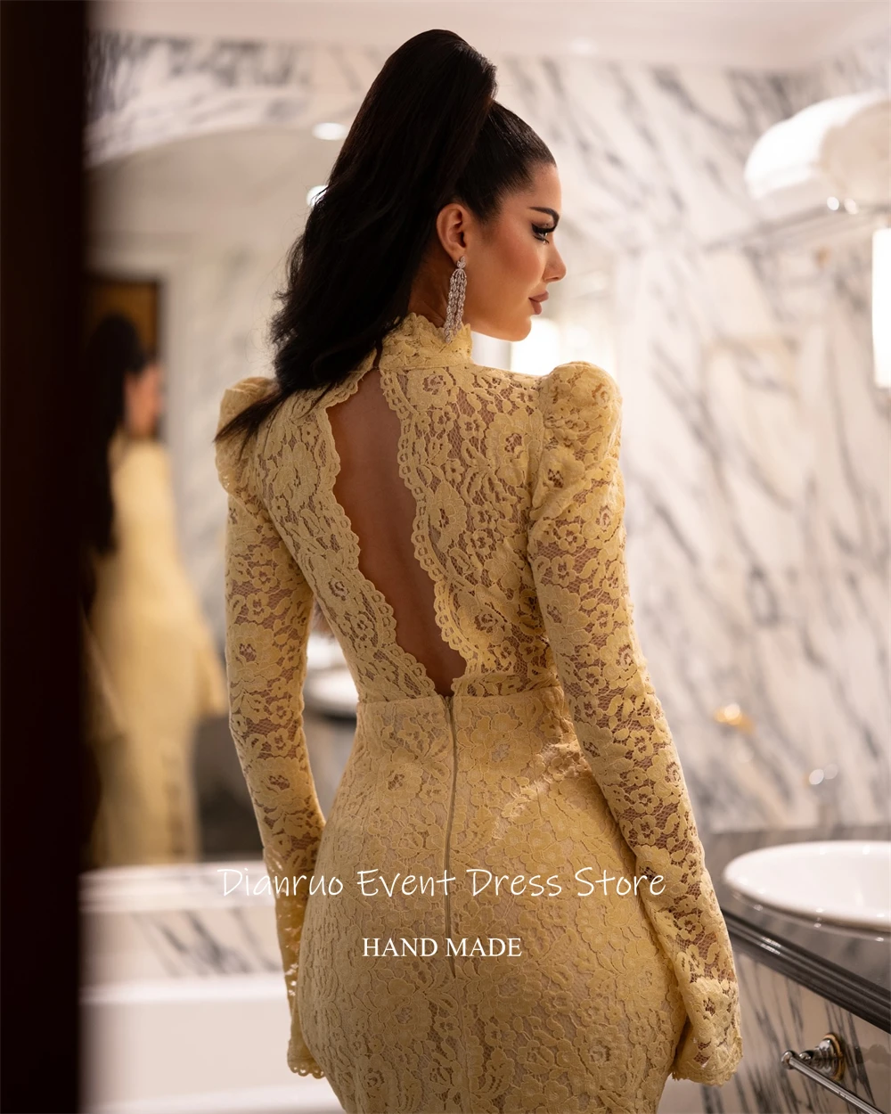 Dianruo jaune col haut Robe De Soirée longue haute fente Vestido Festa Appliques moderne découpé dentelle Robes De Soirée personnalisé