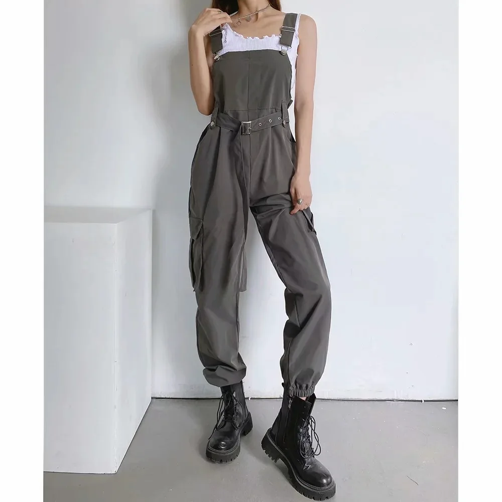 Vrouwen Mouwloze Jumpsuits 2023 Zomer Vintage Effen Grijze Losse Jarretel Rechte Hoge Taille Safari Stijl Outfit Kleding