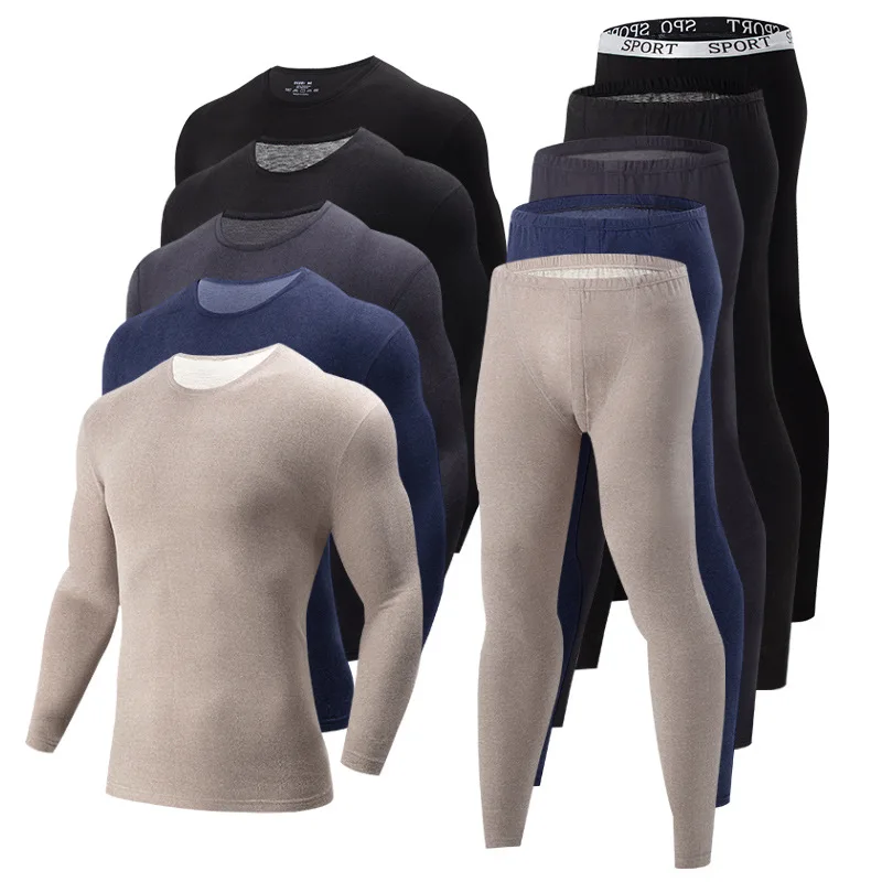2-piece Men's Thermal Underwear Set Autumn Winter Warmth Slim Long Sleeve Tops And Pants Solid Color Thick Home Clothes
