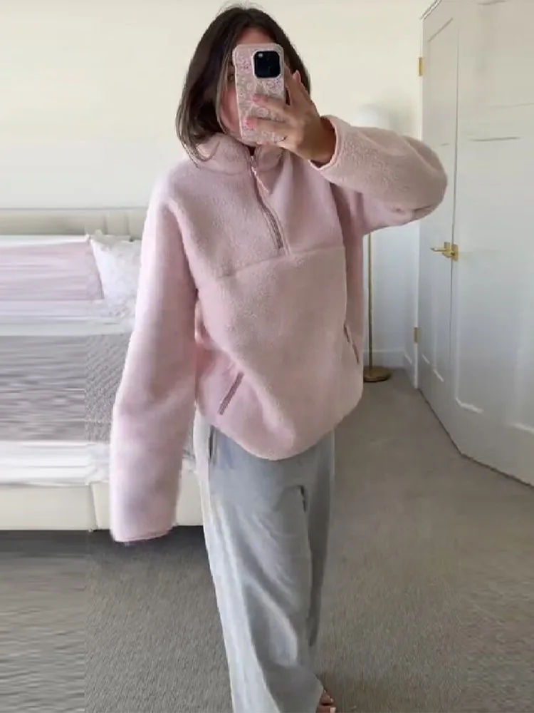 Mode Rosa Lamm Wolle Zipper Pullover Frauen Chic Casual Volle Hülse Tasche Revers Spleißen Sweatshirt Weibliche Täglichen Straße Tragen