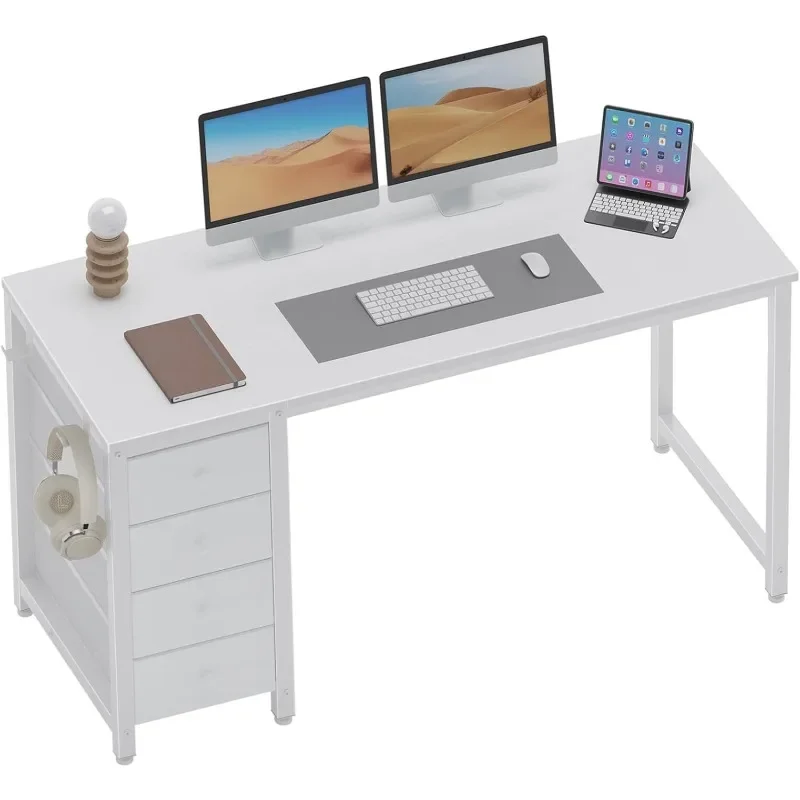 White Computer Desk with Drawers - 55 Inch Long Study Work Writing for Home Office Bedroom, Simple Modern Cute PC Desks