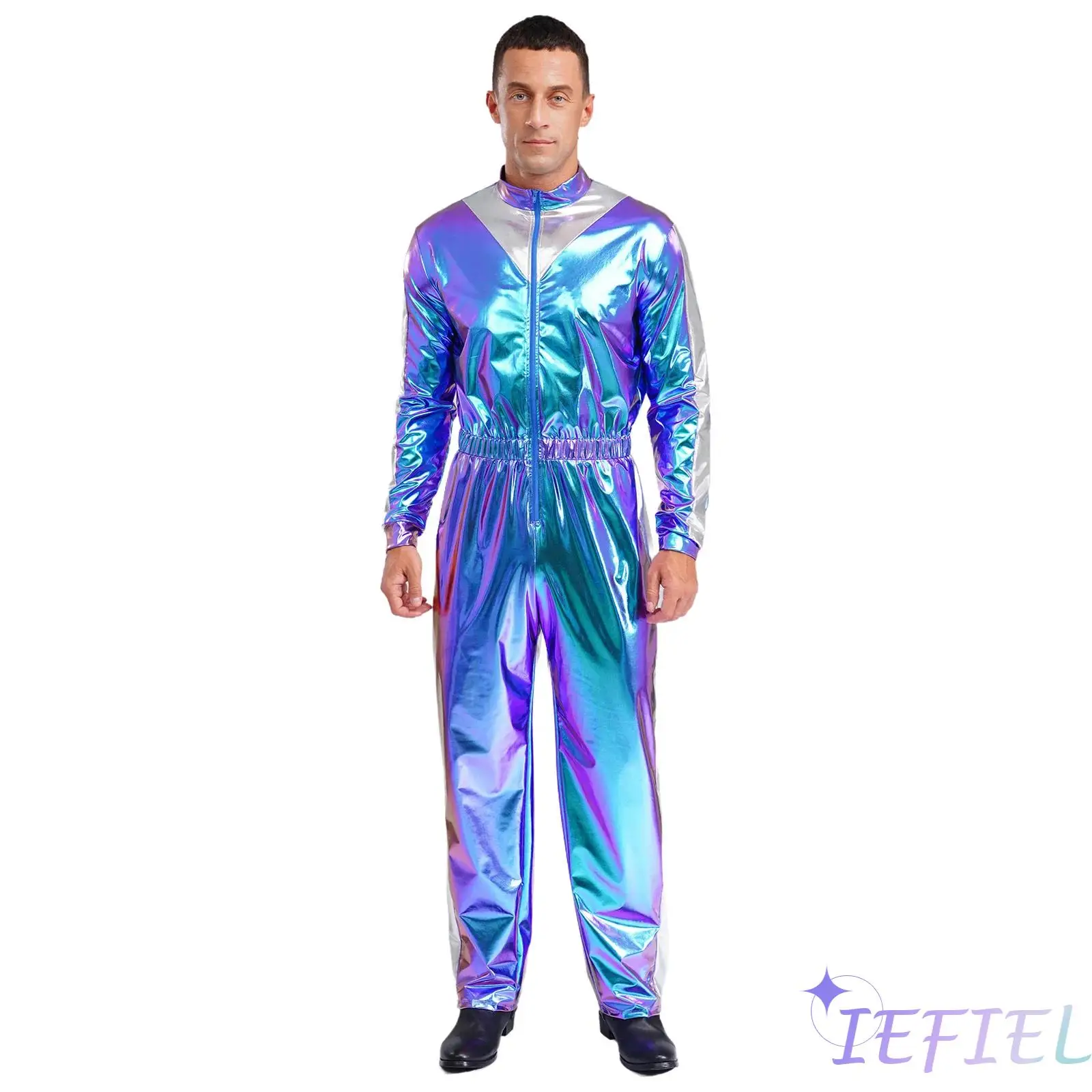 

Mens Sparkly Shiny Disco Dance Jumpsuit Party Clubwear Bodysuit Long Sleeves Elastic Waist Color Block Rompers Casual Clothes