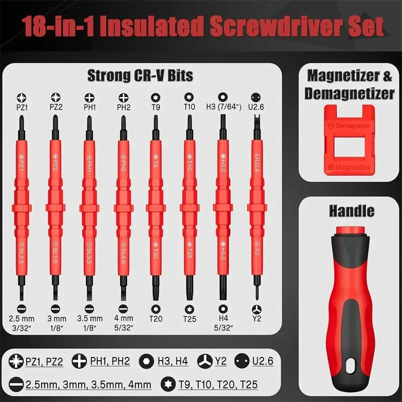 18 in 1 Insulated Screwdriver Set Steel Bits Magnetizing Non Slip Handle Storage Case for Home Workshop Electrical Repair Etc