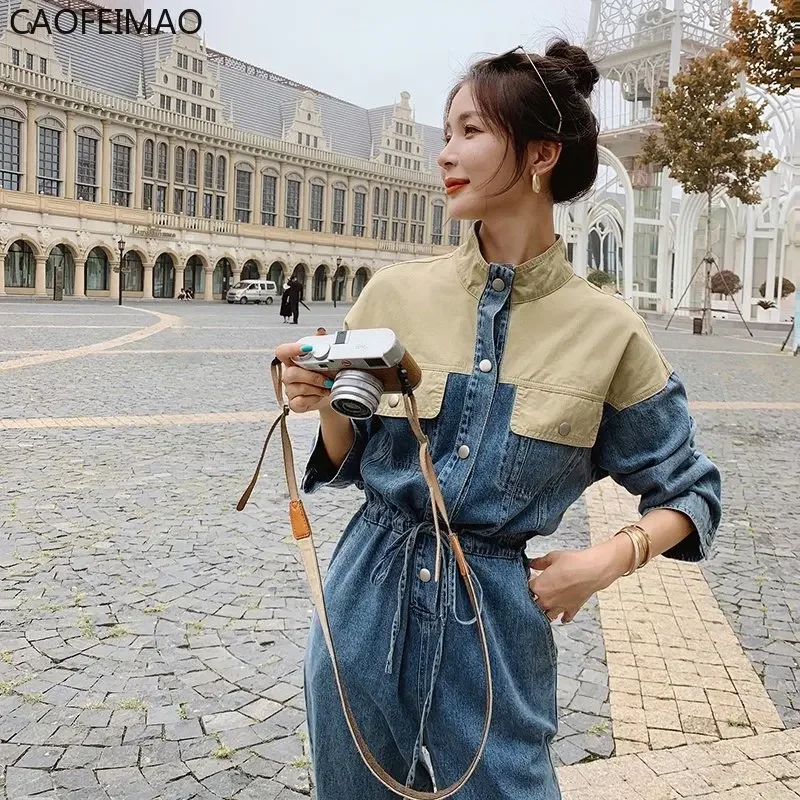 

2023 Women Fashion Splice Denim Jumpsuit Long Sleeve Drawstring Slim Straight Jeans Streetwear Safari Style One Piece Overalls