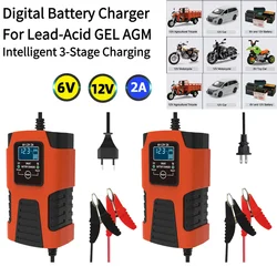 6/12V 2A Digital Car Battery Charger 3-Stage Auto Battery Charger Motorcycle Fast Charging Car Charger For Lead-Acid GEL AGM