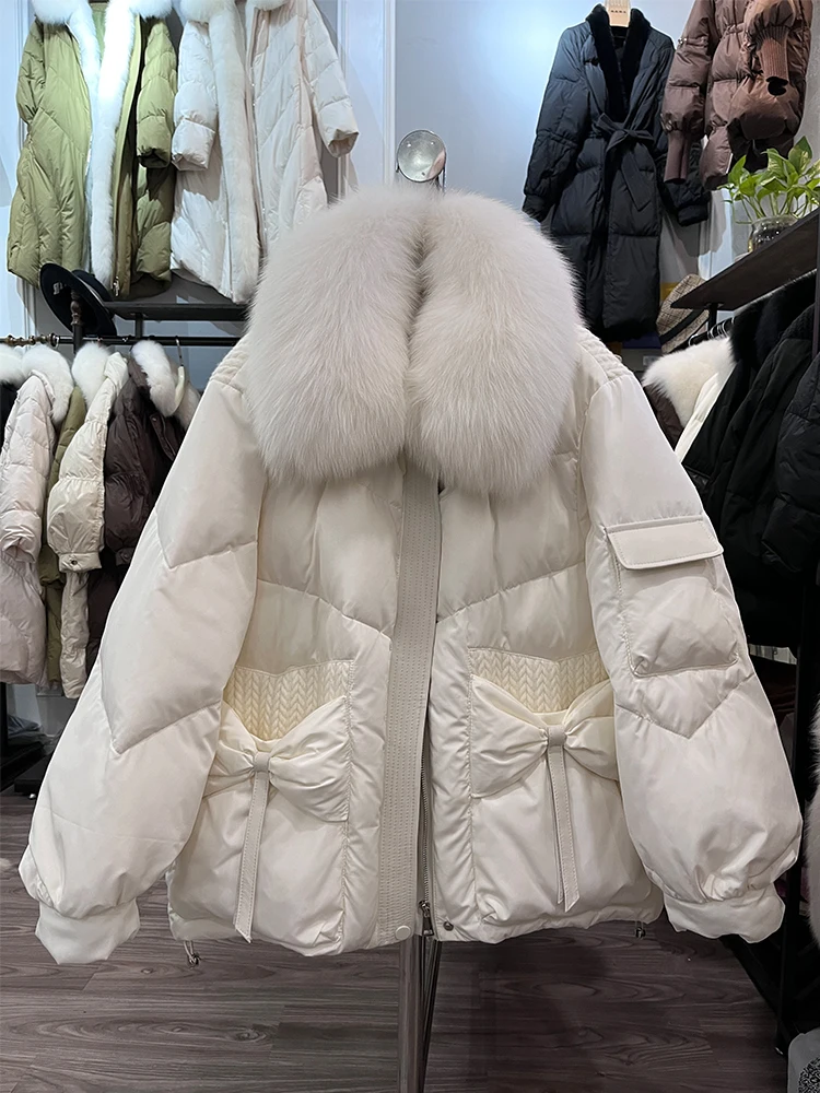 2023 Winter Women Goose Down Jacket Natural Fox Fur Collar Sweet Style Luxury Female Coats