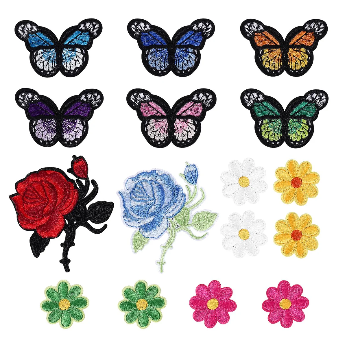 ABQR 16 pièces fleurs papillon fer sur patchs broderie appliques patchs pour artisanat bricolage décor, vêtements, sacs