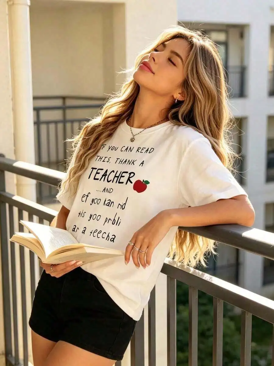 2026 New Women Crew Neck Funny Teacher Graphic T Shirt IF You Can Read This Thank A Teacher Yoo Kan Rid Ths Yoo Prbli Ar A Teecha Letter Print Short Sleeve Casual Daily Basic Top T Shirt