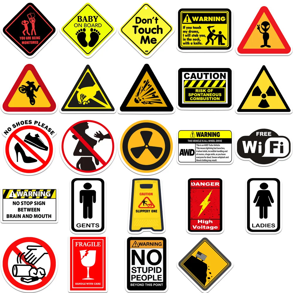 50PCS Warning Stickers Danger Banning Skateboard Fridge Guitar Laptop Motorcycle Travel Classic Toy Cool Decals Sticker