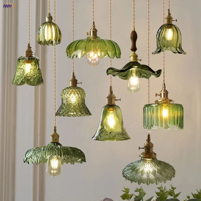 

IWHD скандинавские современные светодиодные подвесные светильники для кофе, гостиной, балкона, зеленое стекло, медная ручка, переключатель, подвесной светильник Luminaira
