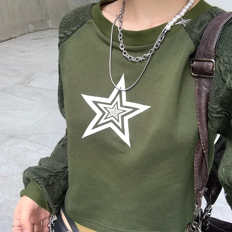 

2024 Retro Style Pentagram Print Contrasting Wool Woven Raglan Sleeves Sweater Street Spicy Girl Style Military Green Short Top