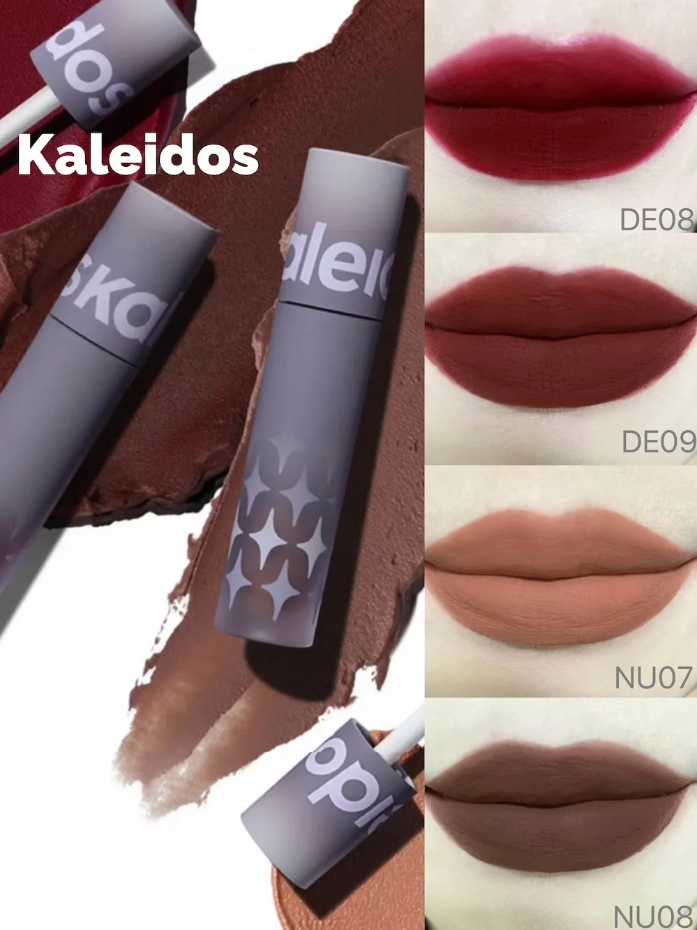 

Kaleidos Lipstick Velvet Matte Soft Silky Mist Cloud Lip Mud Cream Powder Smooth Pigeon's Blood 2.4g Cold Smoking Women Makeup