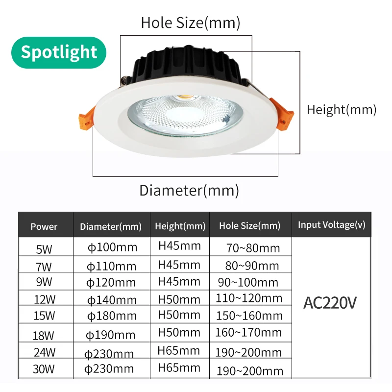 Nowoczesna prostotaLED odlew ciśnieniowyCOBDownlight 2,5 3 4 6 8 cali5 15 18 24 30 WE wbudowana lampa sufitowa z otworem