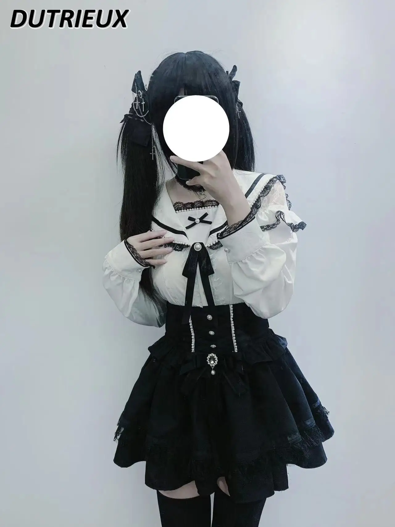 Camisas informales de producción en masa, Tops japoneses de manga larga para mujer, blusa elegante con lazo y cuello de marinero, ropa de encaje para mujer