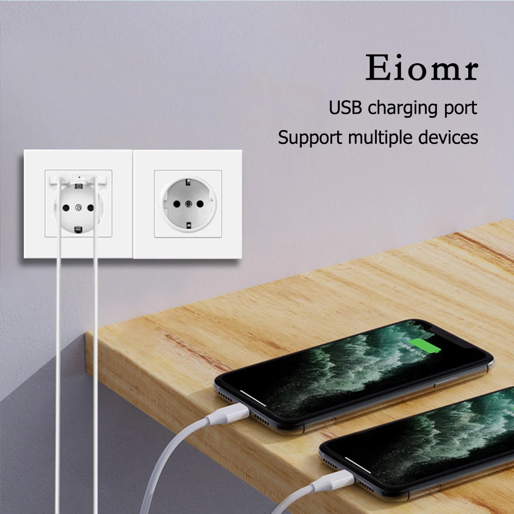 Eiomr EU Standard Electrical Socket with USB Charging 5V 2.1A, White Flame Retardant PC Panel Usb Wall Socket Switch Combination