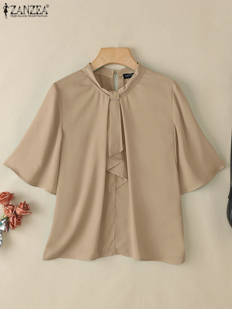 ZANZEA Commute Office Womens Blouses 2025 Summer Fashion Half Flared Sleeves Elegant Smock Top Tie-Neck Solid Color Blusas Mujer