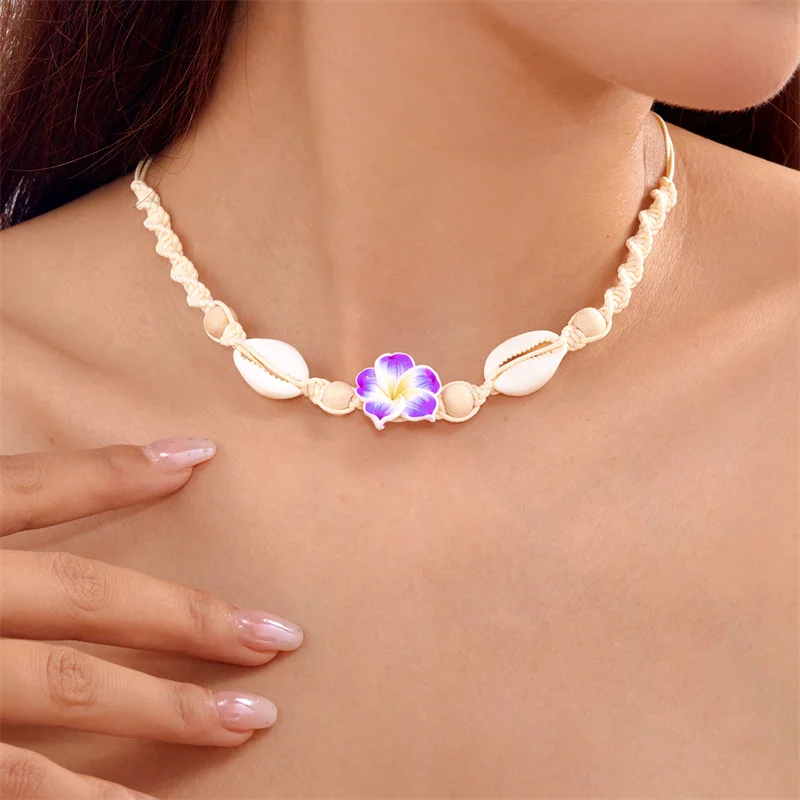 Bohemia Sea Shell Choker Necklace For Women Fashion Summer Sweet Flower Pendant Hand-woven Rope Neck Chain Jewelry Accessory image 3