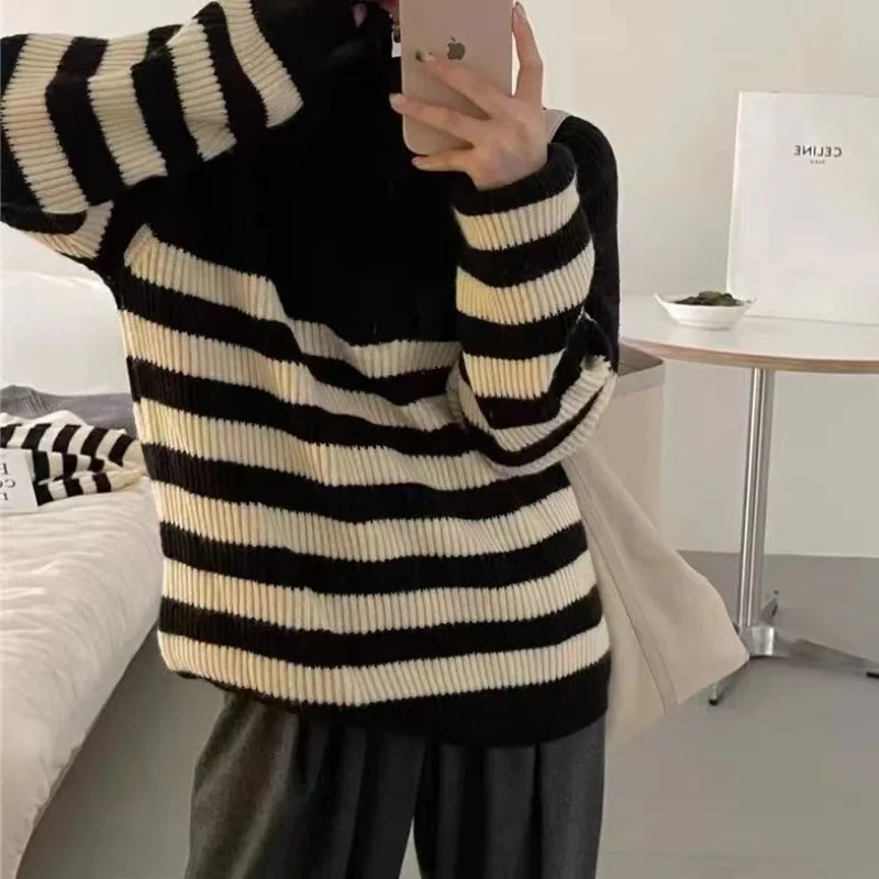 Korean striped half zipper long sleeved knitted sweater autumn and winter loose lazy style top pullover retro sweater for women