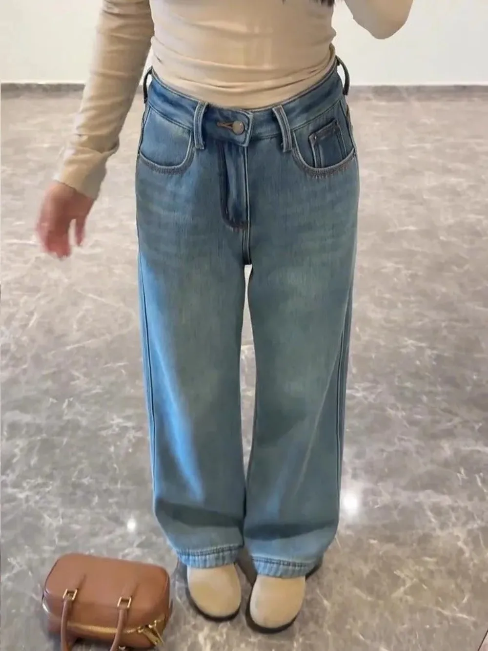 Verdikte fleece wijde pijpen jeans dames hoge taille rechte snit skinny retro blauwe vloerlengte broek veelzijdige casual denim broek