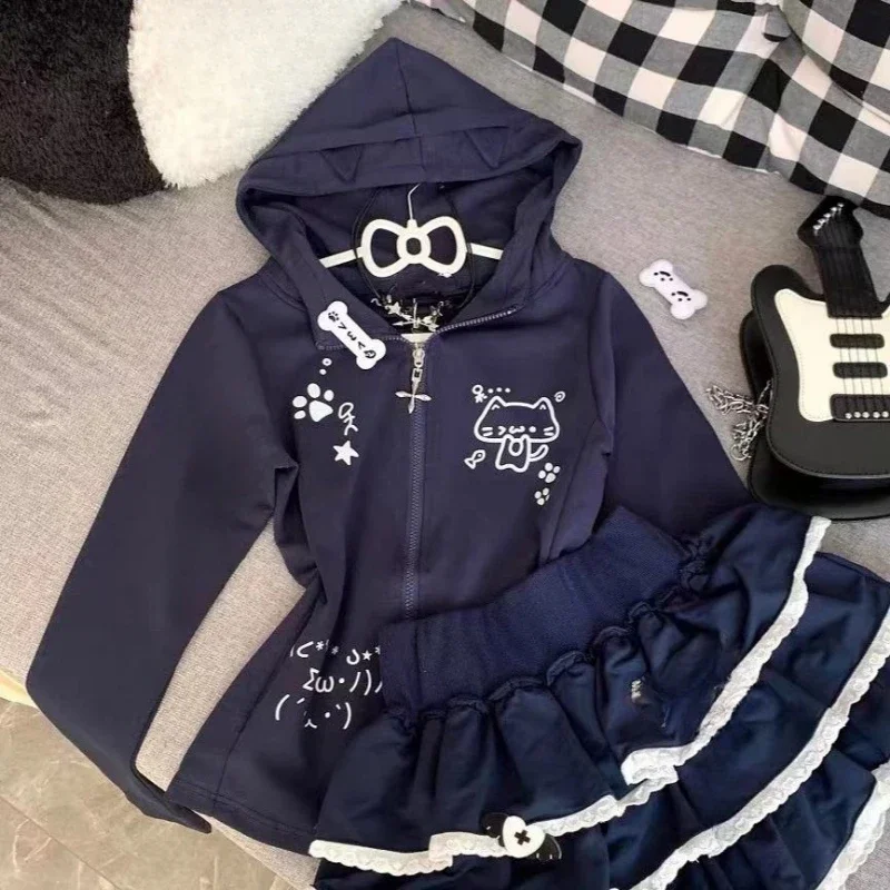 Japanese Casual Cartoon Print Cat's Ears Hoodies Zippers Preppy Style Sweatshirts Women 2025 Aesthetic Vintage Hoody Long Sleeve