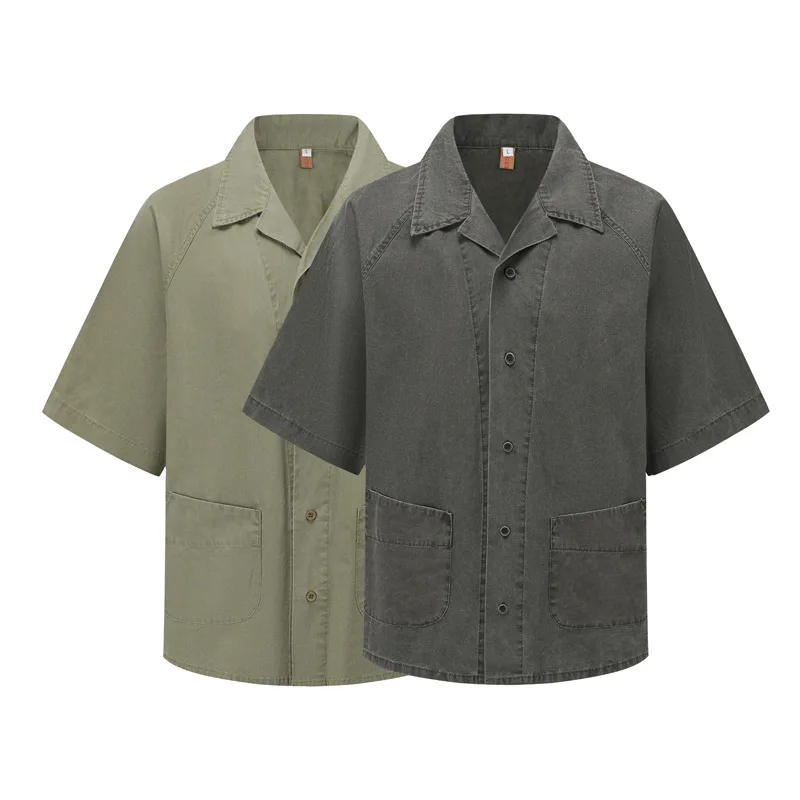 

European and American workwear retro collar loose short-sleeved shirt pure cotton casual handsome solid color shirt for men