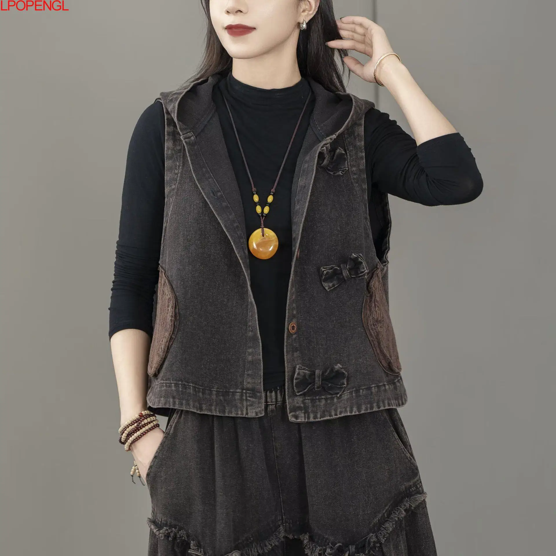 Fashion Ethnic Style Autumn Literary Retro Versatile Loose Casual Hooded Sleeveless Denim Vest Women\'s Single Breasted Outerwear