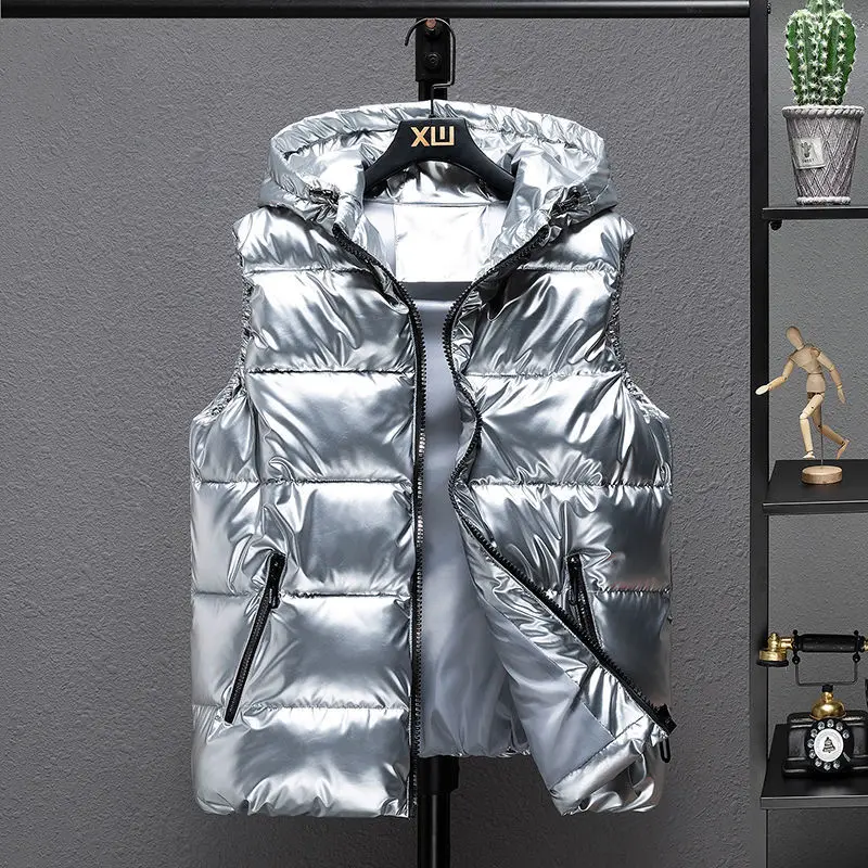 Gilet à capuche brillant pour femme, manteau en fibre rembourré en coton glacé, gilet optique imperméable pour femme, hiver, nouveau, 2023