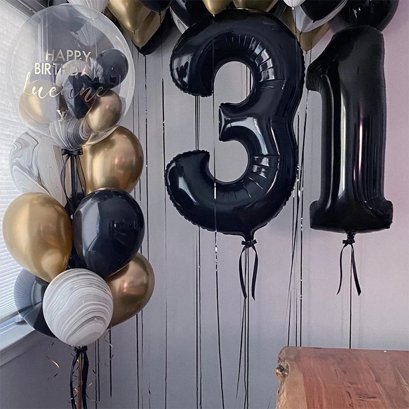 11pcs Black Gold Number Foil Balloons Happy Birthday Party Decorations Adult Kids 10 11 14 15 18 21 25 30 35 40 50 60 Year Old