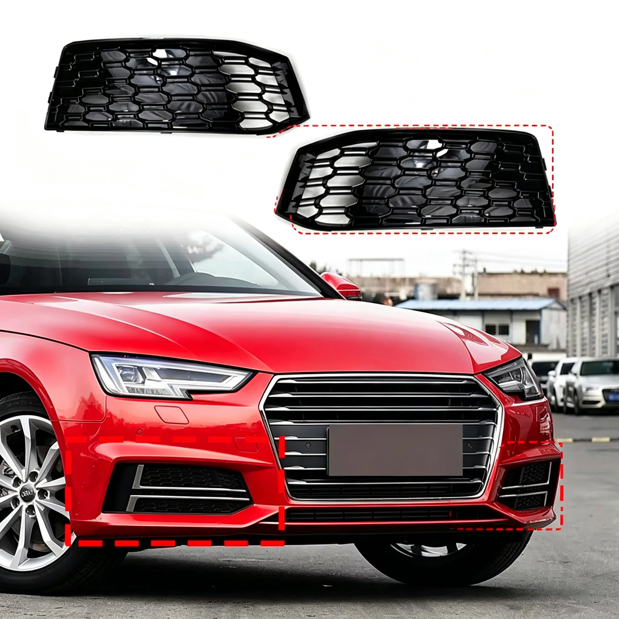 Car Front Bumper Fog Light Grille Honeycomb RS4 Style Fog Lamp Cover Fit Audi A4 B9 S-line 2017 2018 2019 Auto Exterior Modifica view 4