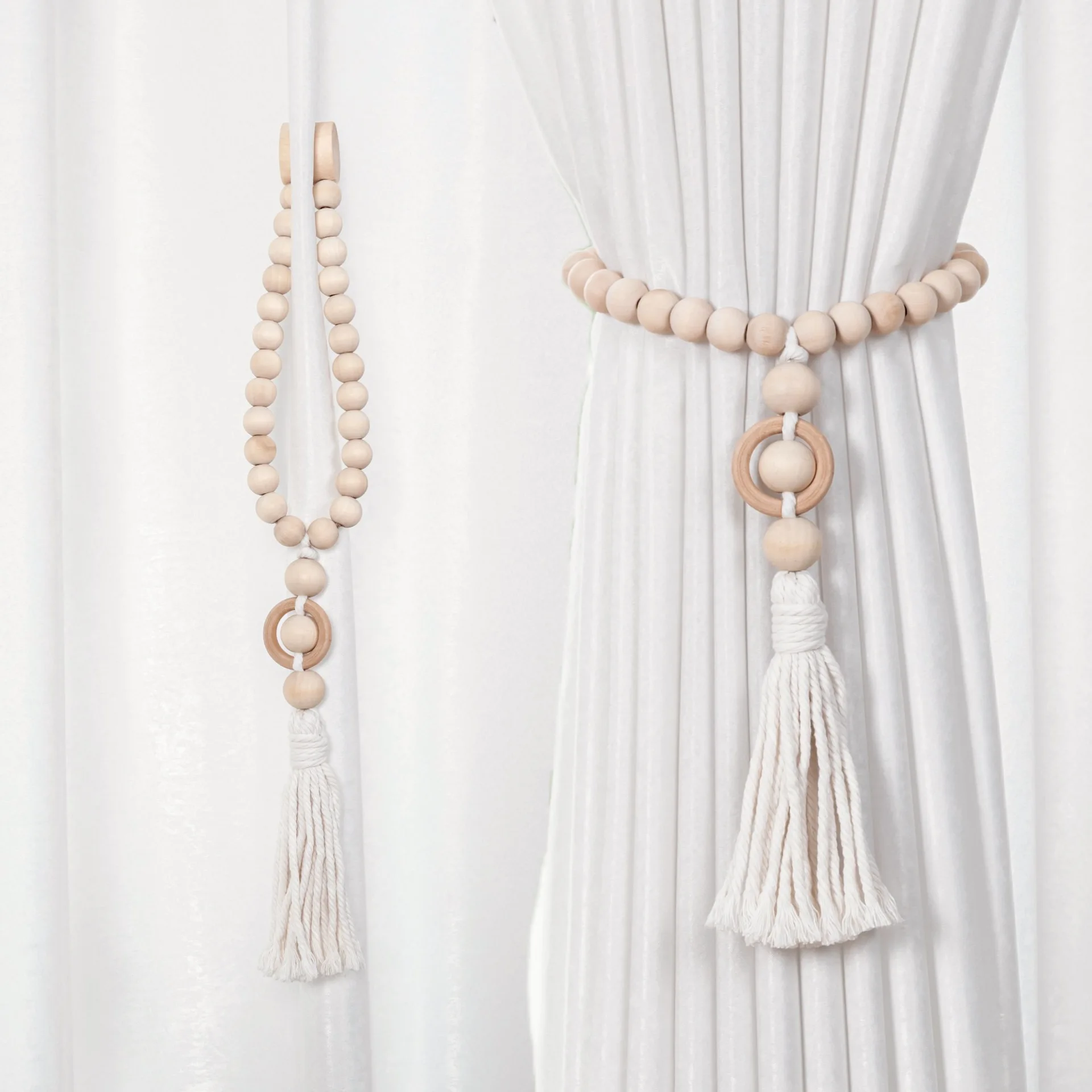 1pcs Bohemian Curtain Sheer Tieback, Wood Bead Tassel Curtain Strap, No‑drill Magnetic Curtain Tie Band for Home  Decoration