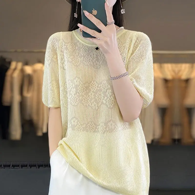 Ice Silk Hollow Hook Pattern Short-sleeved T-shirt for Women Summer New Loose Thin Sweater Lace Jacquard Style Top