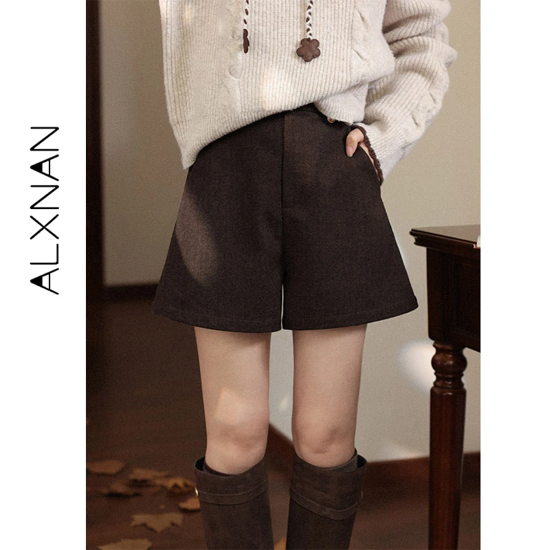 

ALXNAN женские шорты осень-зима 2025 коричневые повседневные нарядные шорты с высокой талией для работы в школе повседневные элегантные короткие брюки L58623