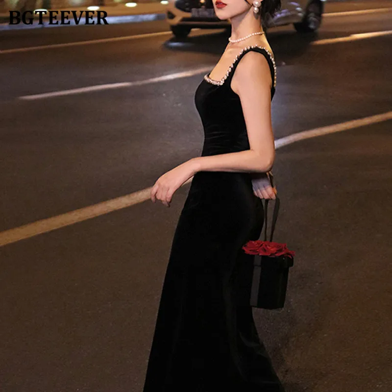 BGTEEVER Fashion Chic Ladies Slim Waist Bodycon Split Mid-Length Dress Elegant Spring Summer Female Sleeveless Velvet Dress