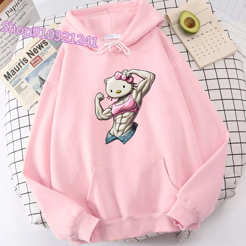 

Funny muscle Hello Kitty Sweatshirt Cartoon Hoodies Pullovers Long Sleeve Tops Women Oversized Winter Female Fashion Hoodie