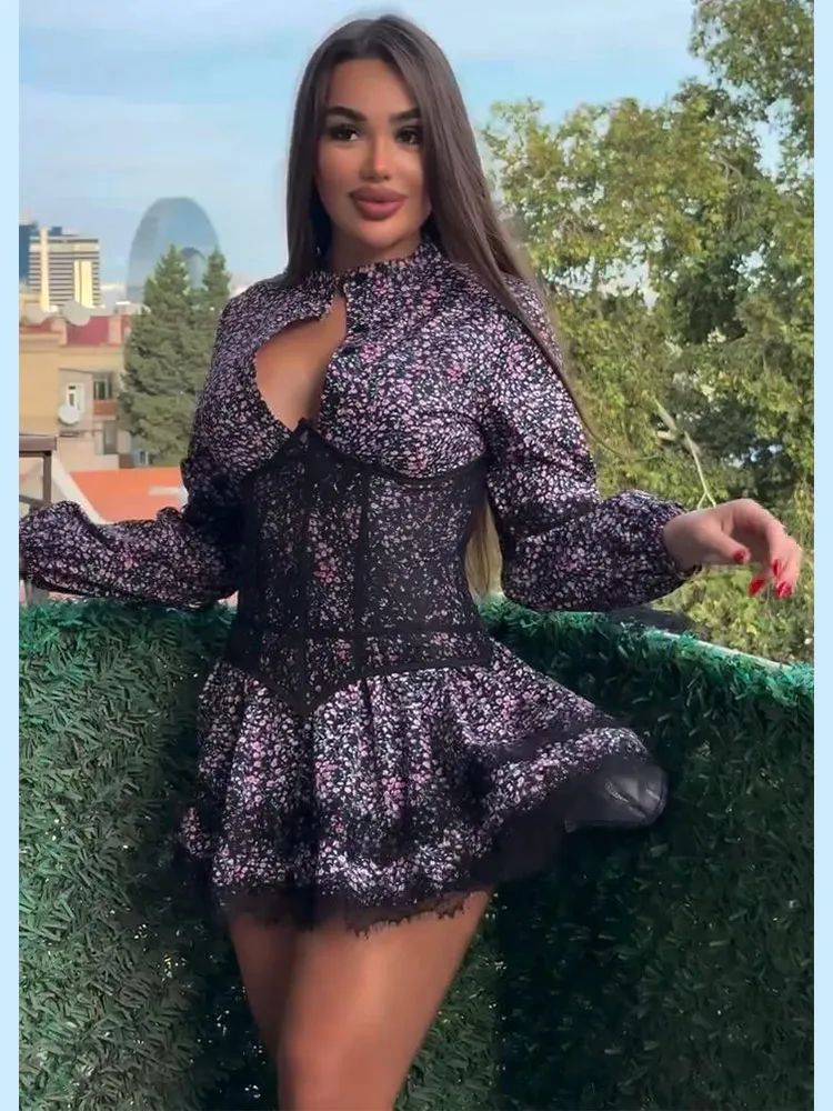 Damen-Minikleider mit Aufdruck, Taillenschnürung, Laternenärmeln, Kurzkleid mit O-Ausschnitt, Spitzen-Patchwork, Schlanker Schnitt, Partykleidung, Neu – Detail 14