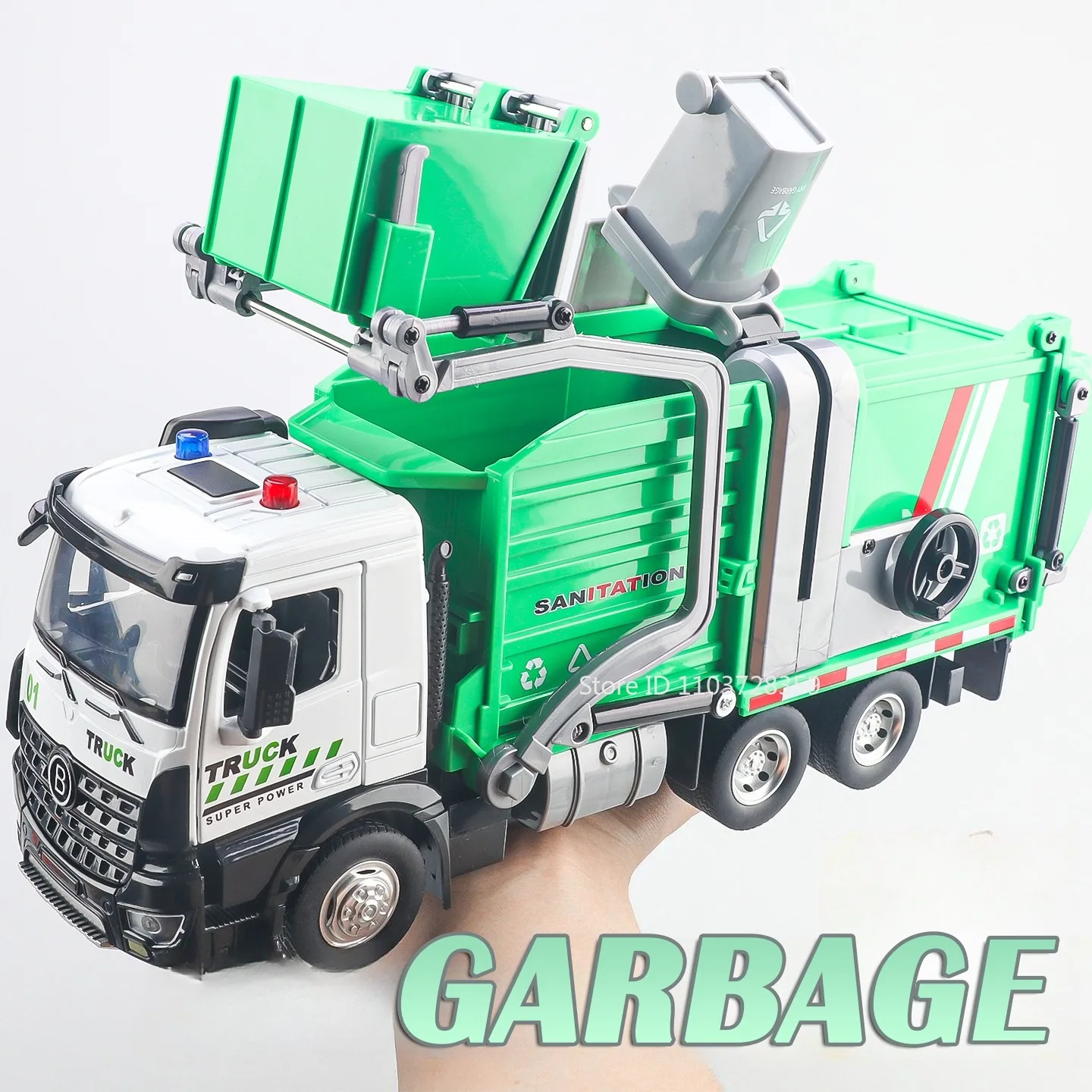 

1:32 Alloy Garbage Sprinkler Engineering Vehicle Model Toys Metal Diecast Sound Light Doors Opened Pull Back for Children Gifts