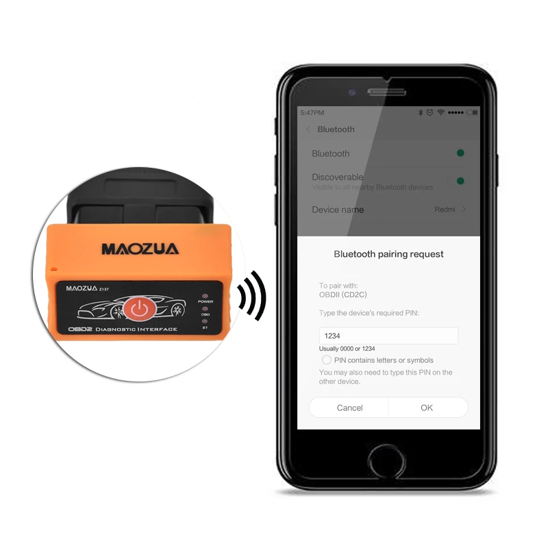 Mini Bluetooth ELM327 Auto Car Code Reader scanner tool obd2 adapter diagnostic tool Maozua Z137 V1.5 ELM 327