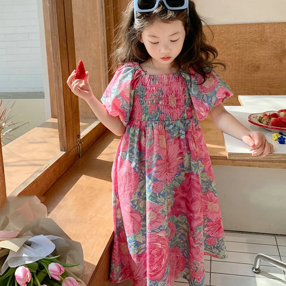 2-3 Year Old Girls with Pleated Bubble Sleeves and Floral Print Casual Dress Summer Promotion
