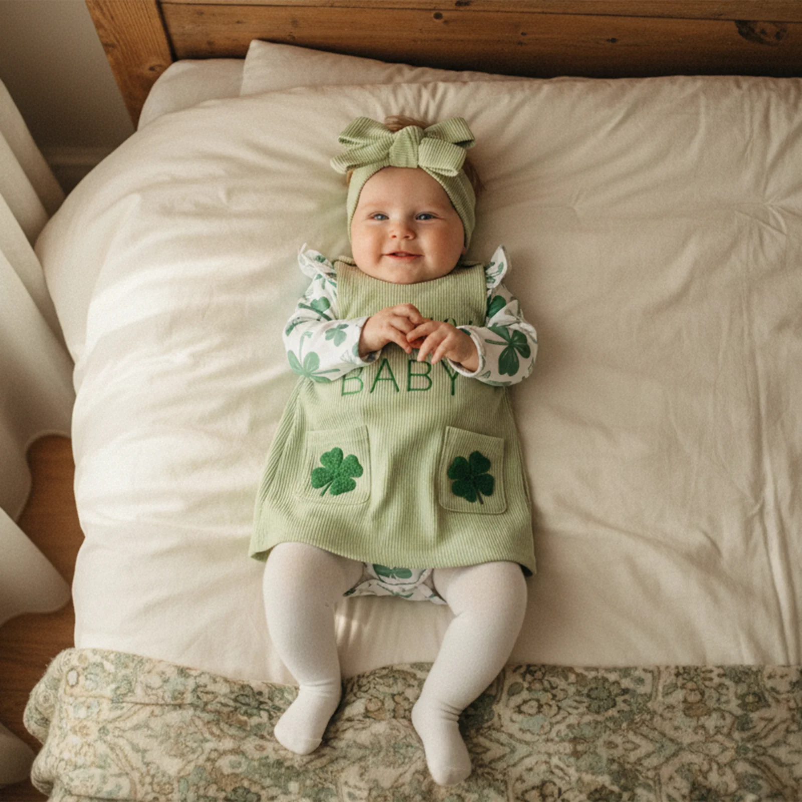 

Suefunskry Baby Girl St. Patrick's Day Clothing Set Cute Long Sleeve Shamrock Print Romper with Dress, Headband 3Pcs Outfit