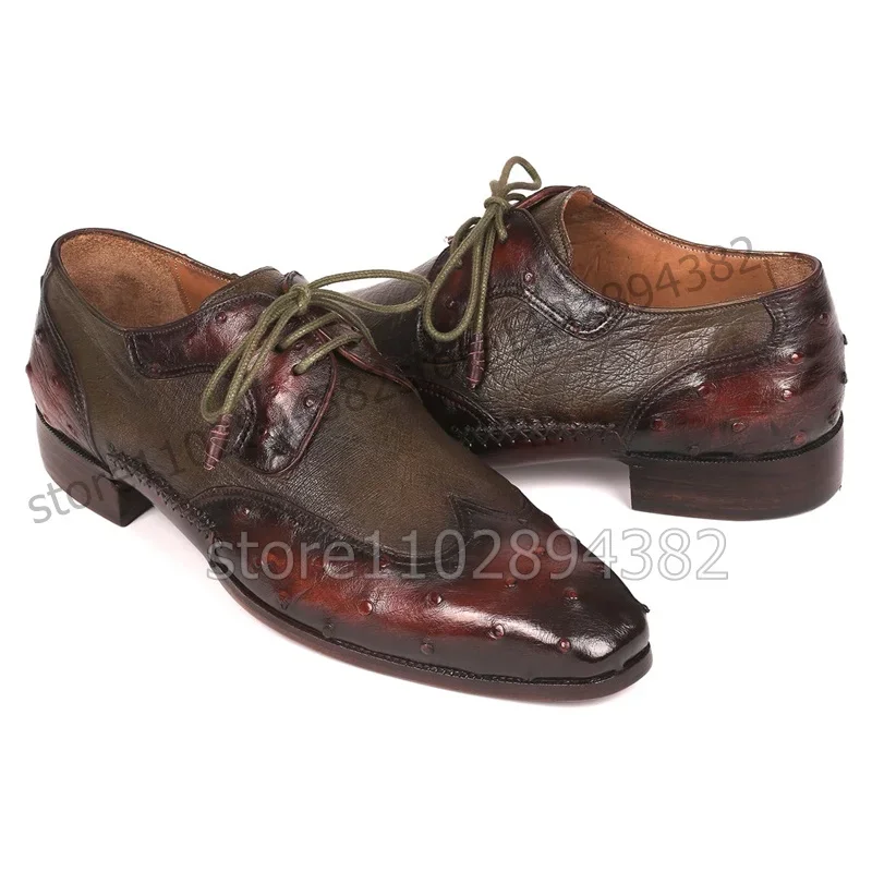 

Brown Ostrich Pattern Retro Style Men Derby Shoes Fashion Lace up Men Shoes Luxury Handmade Party Feast Banquet Men Dress Shoes