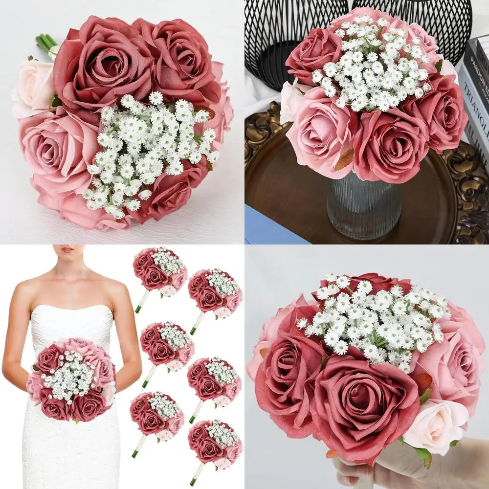 

Набор из 6 букетов подружки невесты из искусственного шелка, пыльные розы для свадьбы, предложения или украшения на годовщину