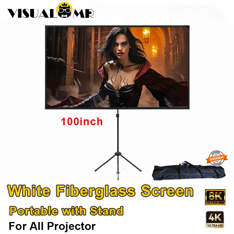 

2024 Newly 100inch Portable Projection Screen with Stand White Fiberglass Home Theater Outdoor Bracket 4K HD for All Projectors