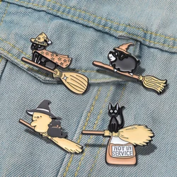 Flying Cat Enamel Pins Custom Black Cat Magic Broom Brooches Lapel Badges Punk Animal Jewelry Gift for Kids Friends