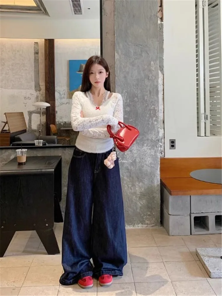 Casual Suit Long Sleeved Lace Slim Fit Knitting T-shirt Women's Winter Washed Jeans Two-piece Set Wide Leg High Waist Jeans