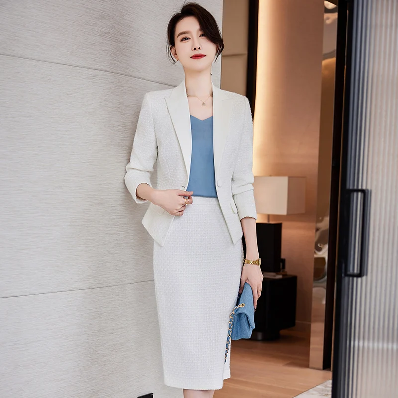 Naviu High End White Formal Suit Women New Fashion Slim Business Woollen Blazer and Skirt Sets Office Ladies Work Wear Black