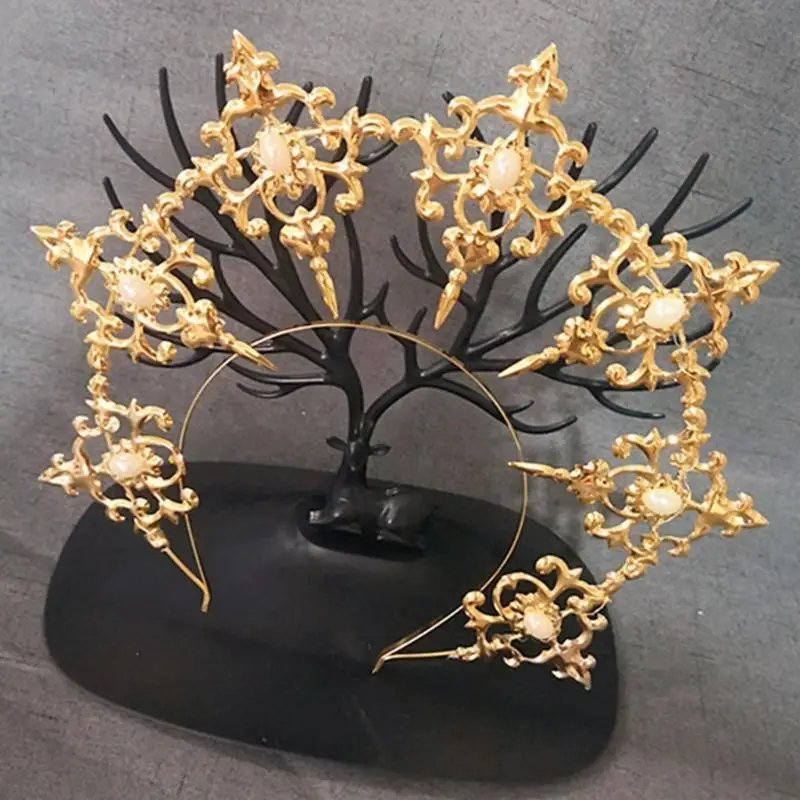 

652F Halos Crowns Headpiece Moon Spiked Gothic Hair Accessories Gold Headband Cosplay Party Headwear for Women